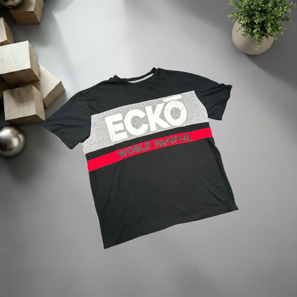 Ecko Unltd Shirt Mens 2XL Black Red Grey World Famous Graphic Tee Y2K Streetwear